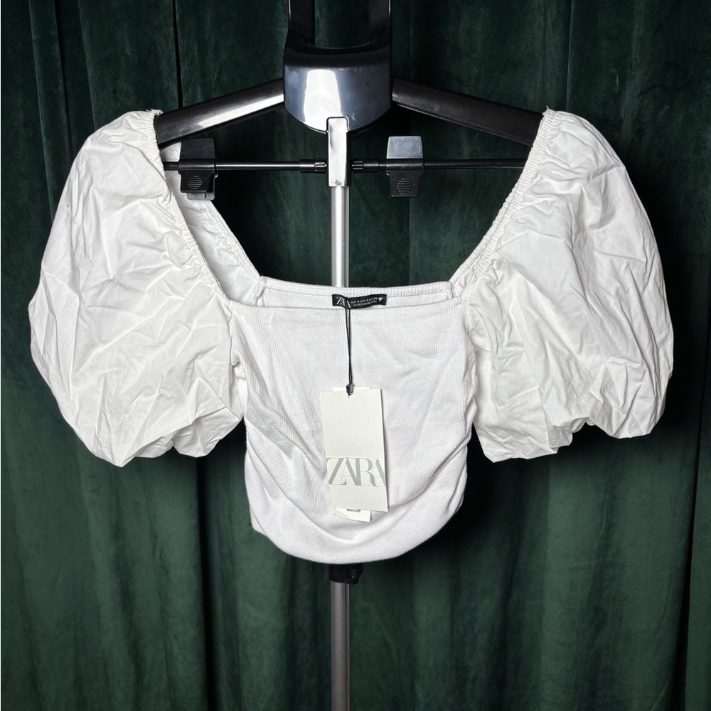 Zara White Puff-Sleeve Square Neck Crop Top with Elasticized Shoulders